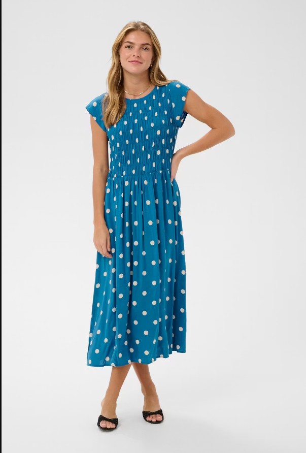 vestido de lunares azul y blanco